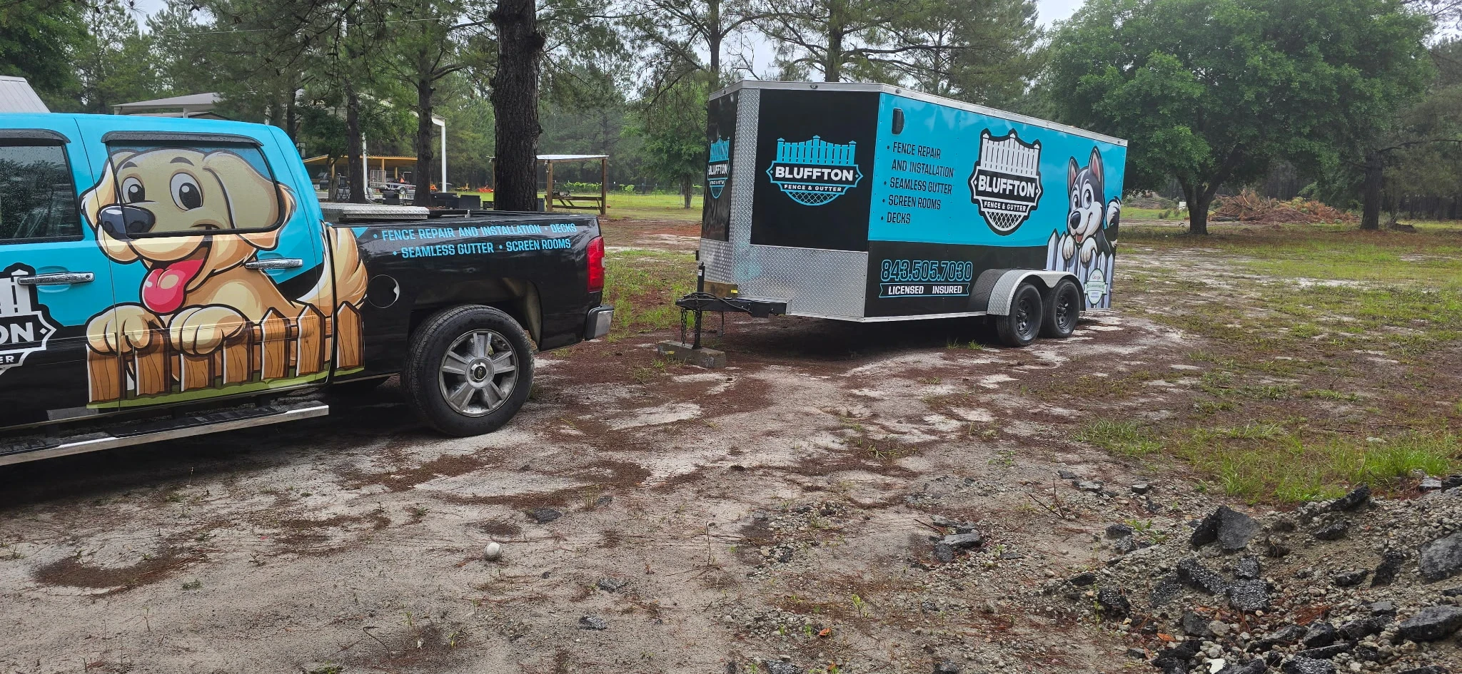 Bluffton Fence & Gutter branded truck and trailer on a job site